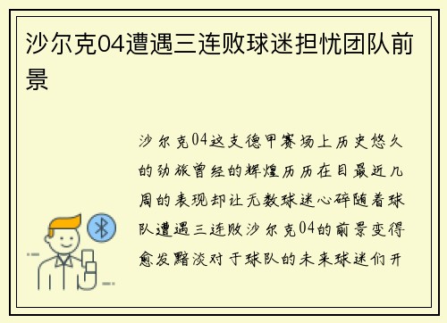 沙尔克04遭遇三连败球迷担忧团队前景