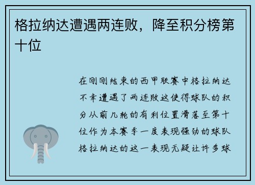 格拉纳达遭遇两连败，降至积分榜第十位