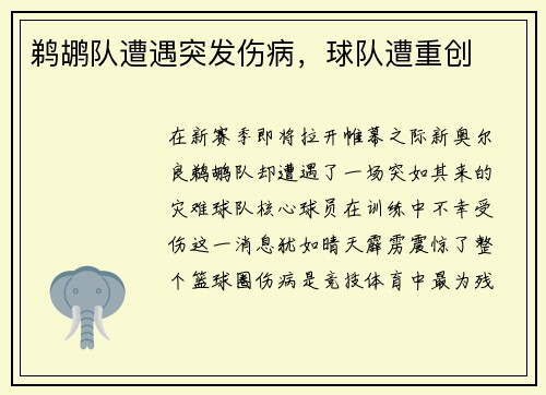 鹈鹕队遭遇突发伤病，球队遭重创