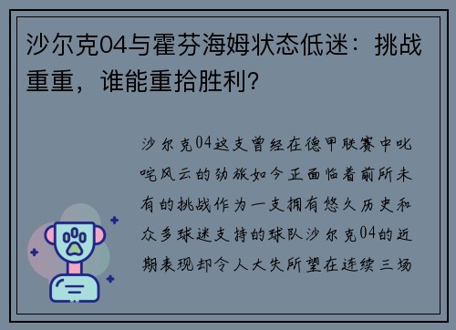 沙尔克04与霍芬海姆状态低迷：挑战重重，谁能重拾胜利？