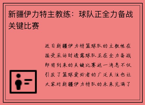 新疆伊力特主教练：球队正全力备战关键比赛