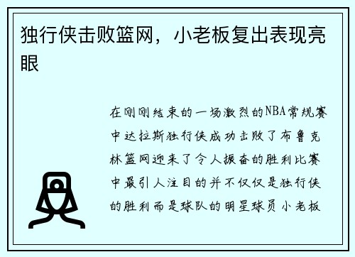 独行侠击败篮网，小老板复出表现亮眼