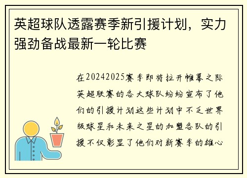 英超球队透露赛季新引援计划，实力强劲备战最新一轮比赛