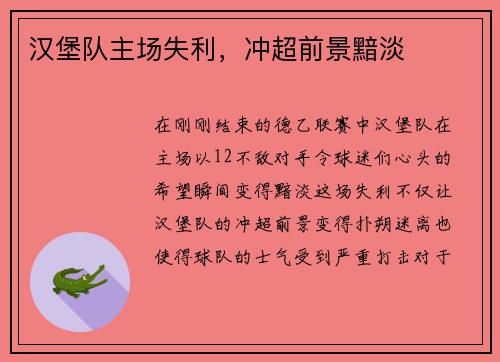 汉堡队主场失利，冲超前景黯淡