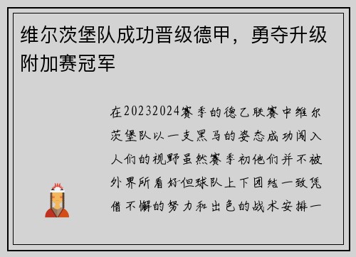 维尔茨堡队成功晋级德甲，勇夺升级附加赛冠军