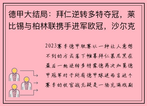 德甲大结局：拜仁逆转多特夺冠，莱比锡与柏林联携手进军欧冠，沙尔克再度降级