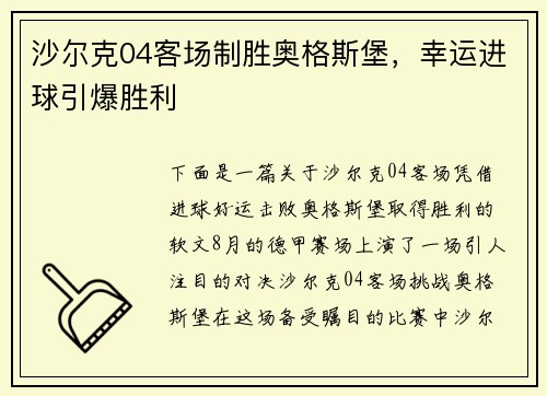 沙尔克04客场制胜奥格斯堡，幸运进球引爆胜利