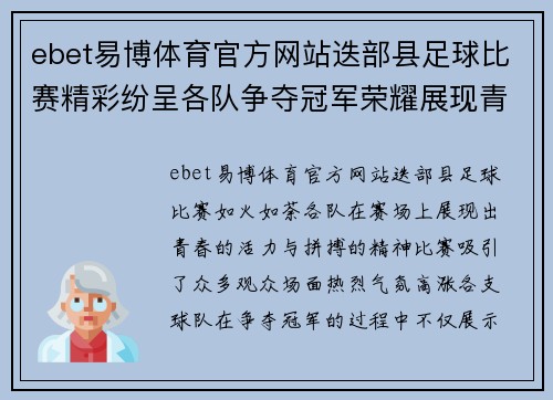 ebet易博体育官方网站迭部县足球比赛精彩纷呈各队争夺冠军荣耀展现青春风采